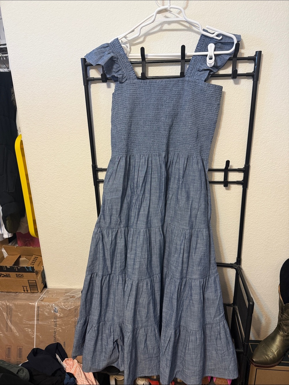Smocked Tiered Midi Dress - Blue